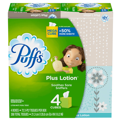 Plus Lotion Facial Tissues, 4 Mega Cubes, 288 Tissues